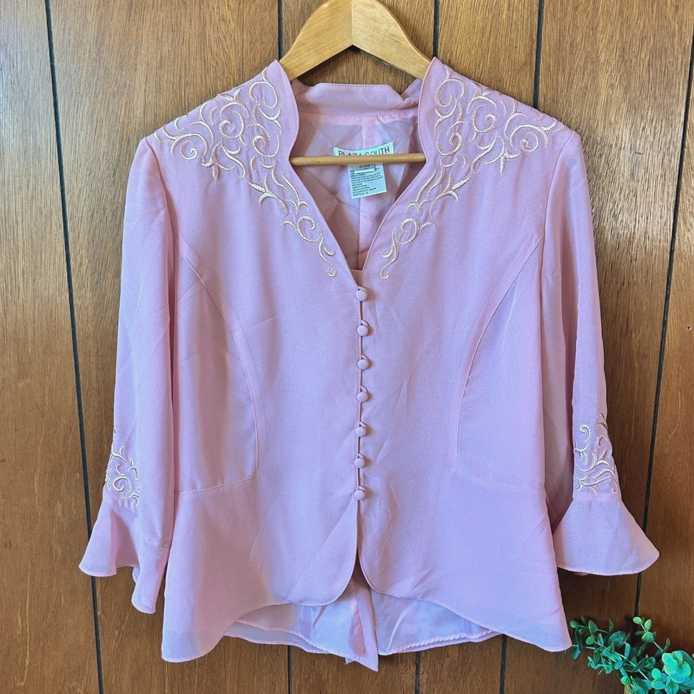 Vintage‎ Plaza South Womens Pink Embroidered Blouse Peplum Size 10 Feminine